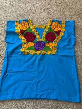 Mexican blusas Bright Blue Embroidered Mexican Tunic with Floral Yoke